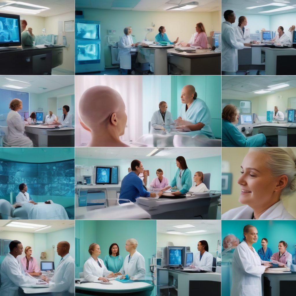 A dynamic collage showcasing the journey of cancer care: a serene clinic scene with doctors discussing screening results, a patient receiving compassionate support, vibrant images of medical technology like MRI machines, and smiling cancer survivors celebrating their journeys. The overall mood should convey hope, resilience, and collaboration in healthcare. bright colors. documentary style. soft focus.