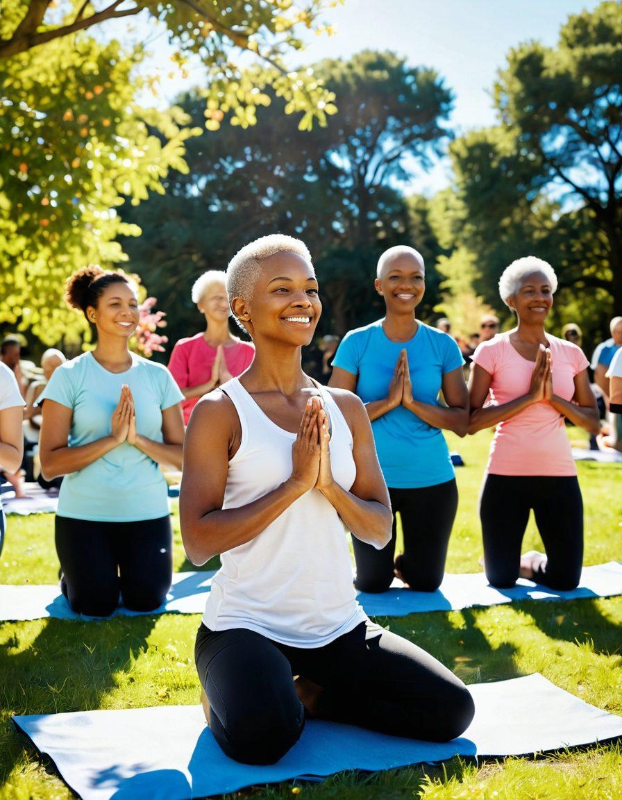 An uplifting scene showing a diverse group of cancer survivors in a sunlit park, engaging in various support activities like yoga and group discussions. Display supportive visuals like hand-holding, shared smiles, and symbols of hope such as ribbons and butterflies. Include vibrant blooming flowers and a clear blue sky in the background to evoke a sense of healing and empowerment. Style: super-realistic. vibrant colors. organic elements.