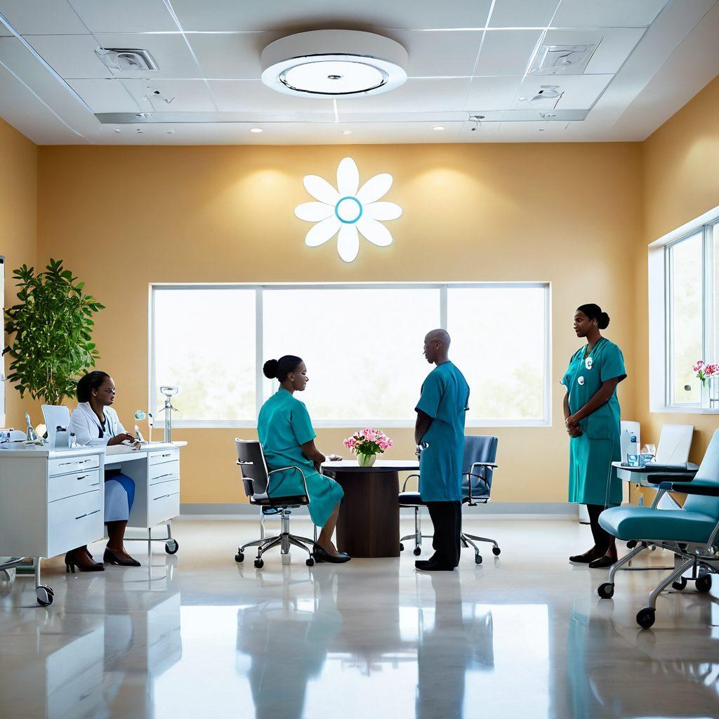 A serene hospital setting showcasing a diverse group of healthcare professionals engaged in compassionate discussions with patients. Include symbols of hope, like a blooming flower and a glowing light, representing support and advanced oncology treatments. The background should display modern medical equipment and calming colors, conveying a sense of trust and optimism. super-realistic. soft focus. warm tones.
